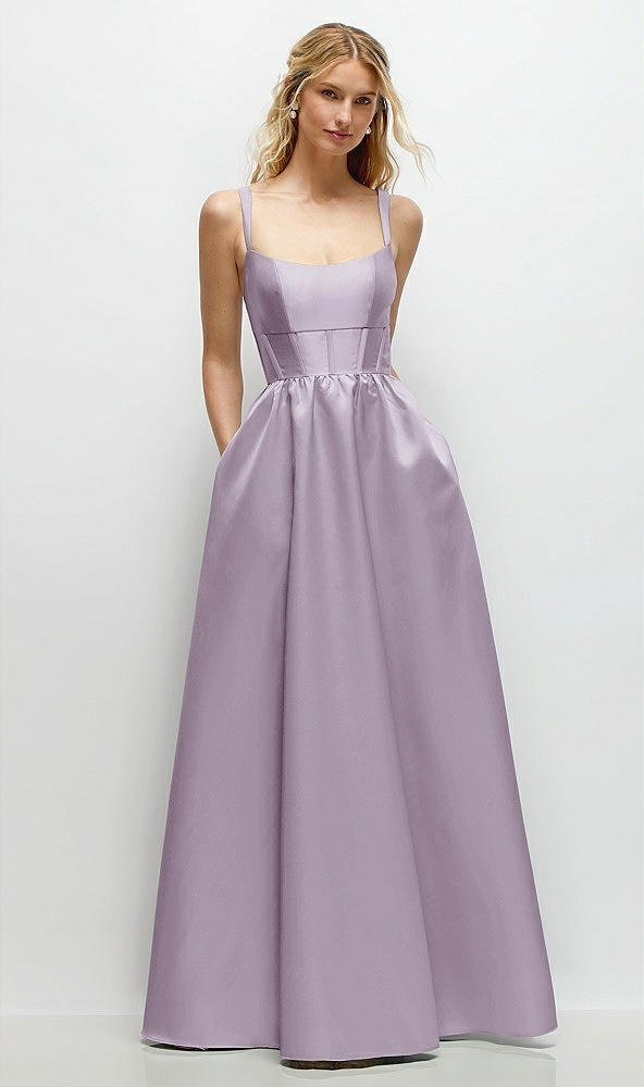 Front View - Lilac Haze Scoop Neck Inset Corset Satin Maxi Dress with Pockets