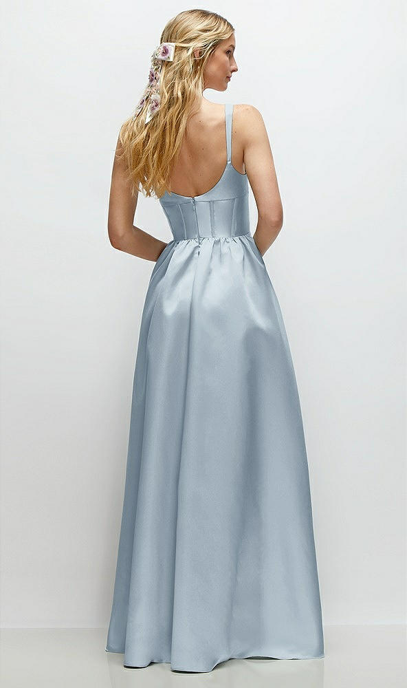 Back View - Mist Scoop Neck Inset Corset Satin Maxi Dress with Pockets