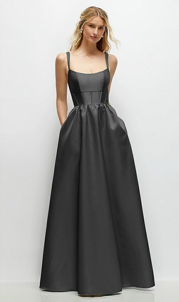 Front View - Pewter Scoop Neck Inset Corset Satin Maxi Dress with Pockets