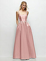 Front View Thumbnail - Rose - PANTONE Rose Quartz Scoop Neck Inset Corset Satin Maxi Dress with Pockets