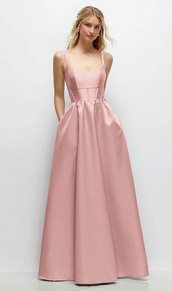 Front View - Rose - PANTONE Rose Quartz Scoop Neck Inset Corset Satin Maxi Dress with Pockets