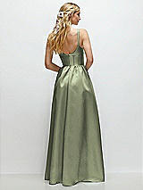 Rear View Thumbnail - Sage Scoop Neck Inset Corset Satin Maxi Dress with Pockets