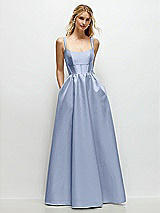 Front View Thumbnail - Sky Blue Scoop Neck Inset Corset Satin Maxi Dress with Pockets