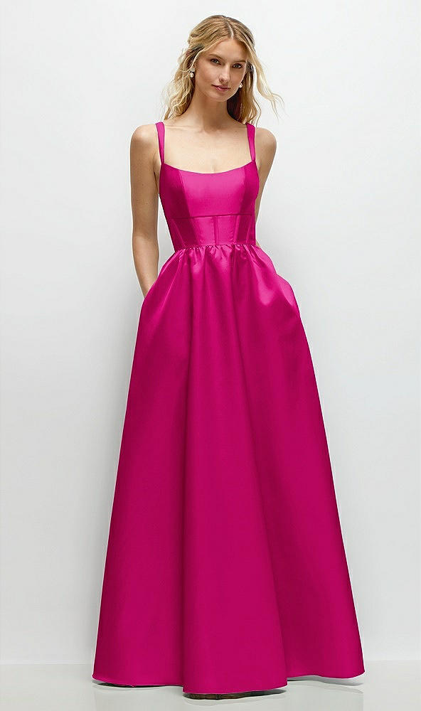 Front View - Think Pink Scoop Neck Inset Corset Satin Maxi Dress with Pockets