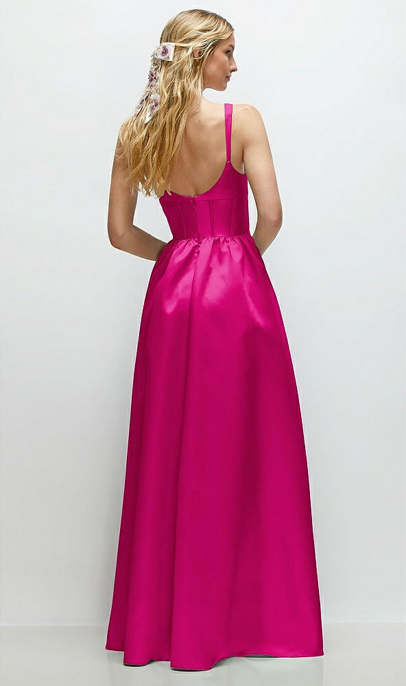 Back View - Think Pink Scoop Neck Inset Corset Satin Maxi Dress with Pockets