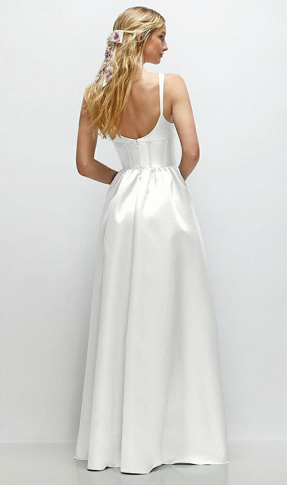 Back View - White Scoop Neck Inset Corset Satin Maxi Dress with Pockets