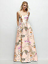 Front View Thumbnail - Butterfly Botanica Pink Sand Scoop Neck Inset Corset Floral Satin Maxi Dress with Pockets