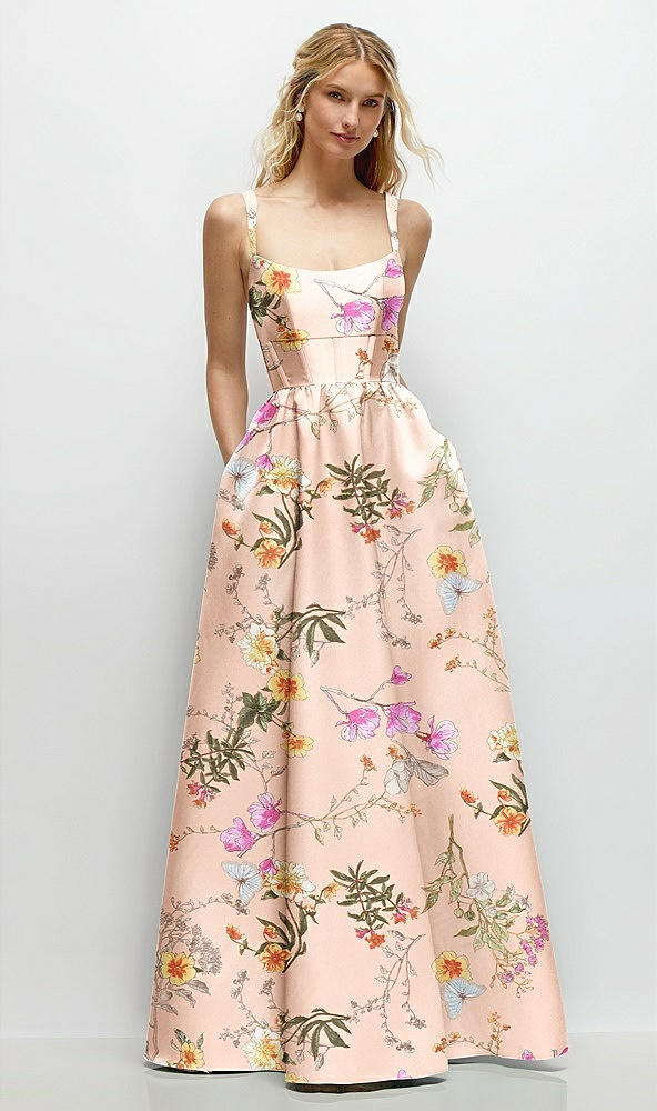 Front View - Butterfly Botanica Pink Sand Scoop Neck Inset Corset Floral Satin Maxi Dress with Pockets