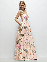 Side View Thumbnail - Butterfly Botanica Pink Sand Scoop Neck Inset Corset Floral Satin Maxi Dress with Pockets