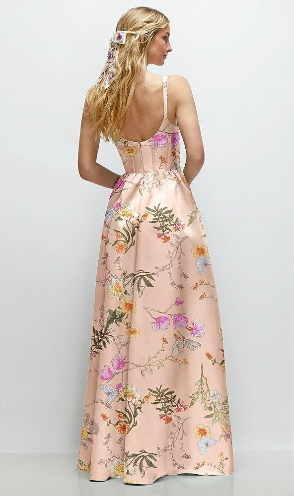 Back View - Butterfly Botanica Pink Sand Scoop Neck Inset Corset Floral Satin Maxi Dress with Pockets