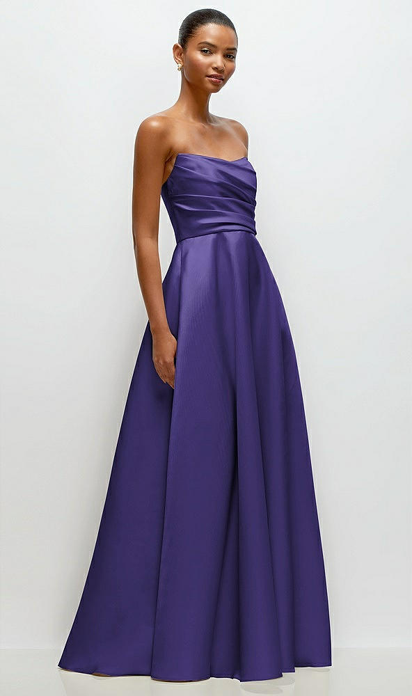 Front View - Grape Strapless Draped Cat-Eye Satin Maxi Dress with Full Skirt