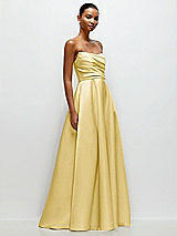 Front View Thumbnail - Maize Strapless Draped Cat-Eye Satin Maxi Dress with Full Skirt