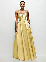 Side View Thumbnail - Maize Strapless Draped Cat-Eye Satin Maxi Dress with Full Skirt