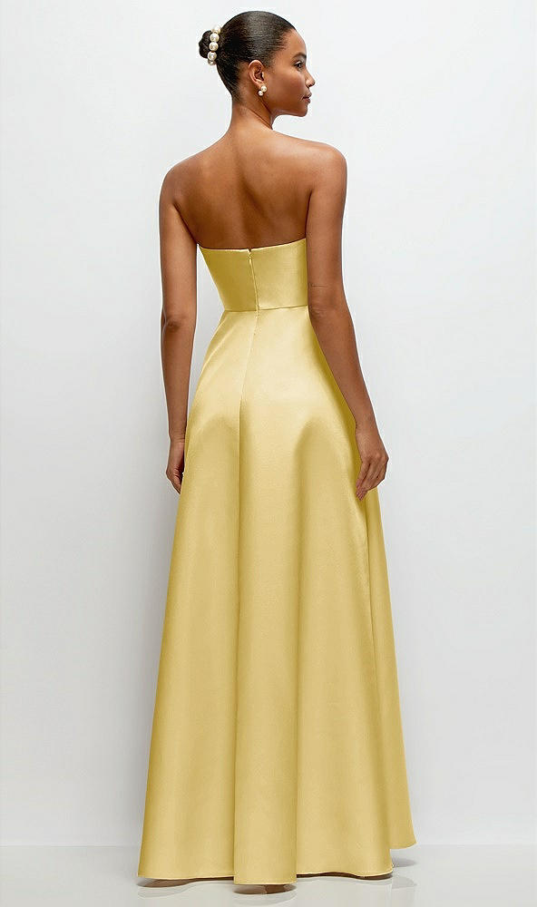 Back View - Maize Strapless Draped Cat-Eye Satin Maxi Dress with Full Skirt