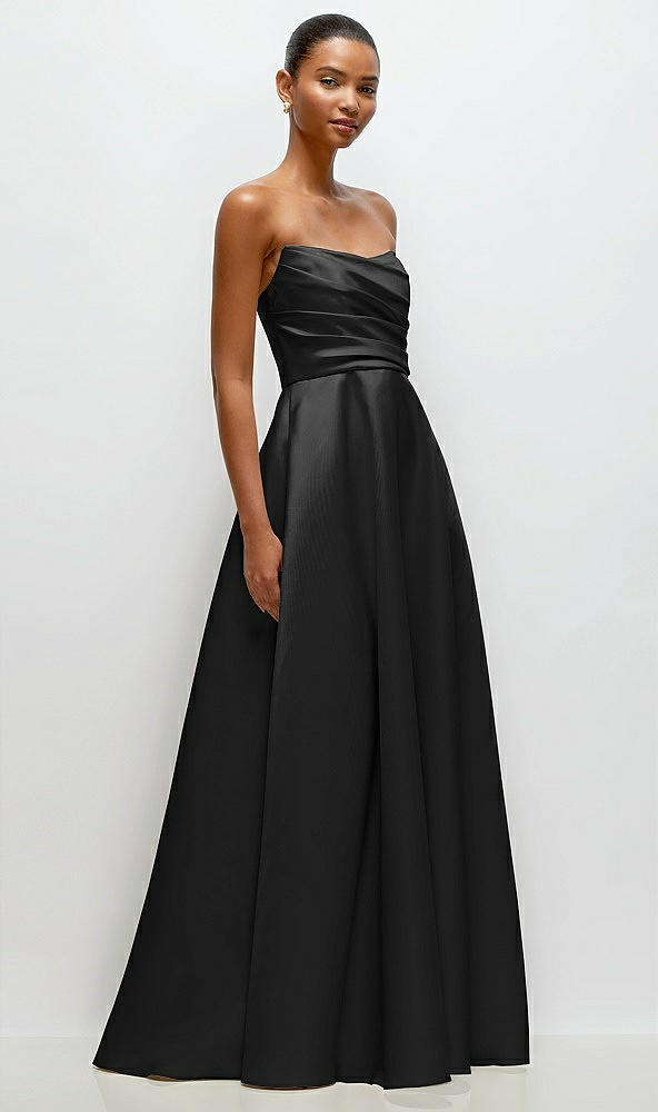 Front View - Black Strapless Draped Cat-Eye Satin Maxi Dress with Full Skirt