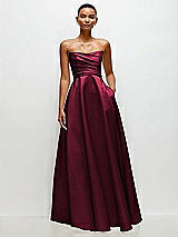 Side View Thumbnail - Cabernet Strapless Draped Cat-Eye Satin Maxi Dress with Full Skirt