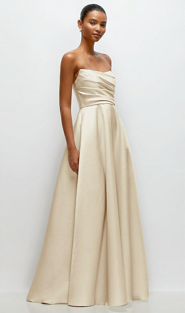 Front View - Champagne Strapless Draped Cat-Eye Satin Maxi Dress with Full Skirt