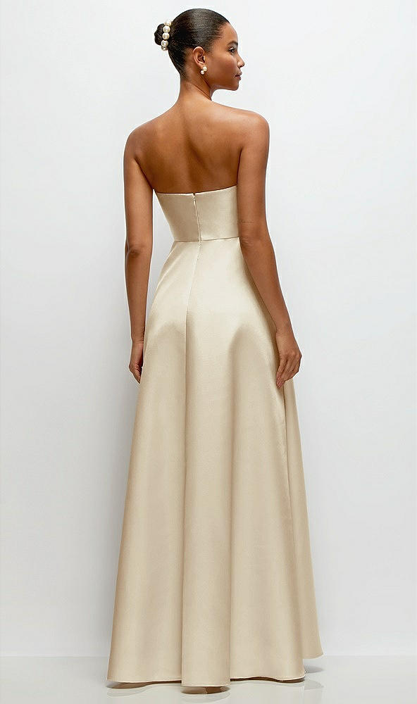 Back View - Champagne Strapless Draped Cat-Eye Satin Maxi Dress with Full Skirt