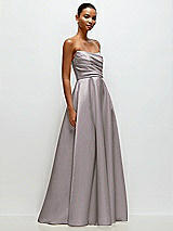 Front View Thumbnail - Cashmere Gray Strapless Draped Cat-Eye Satin Maxi Dress with Full Skirt