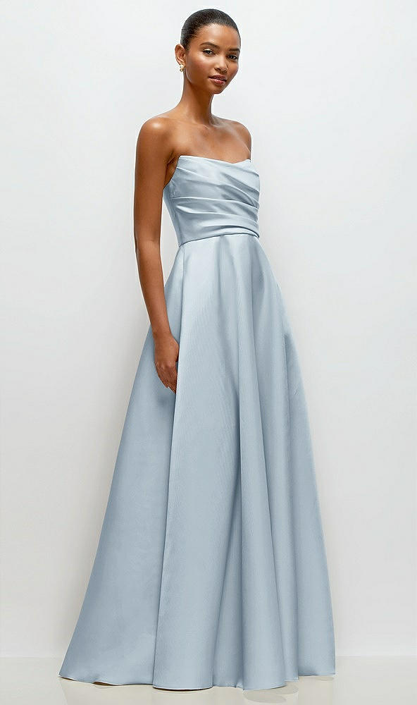 Front View - Mist Strapless Draped Cat-Eye Satin Maxi Dress with Full Skirt