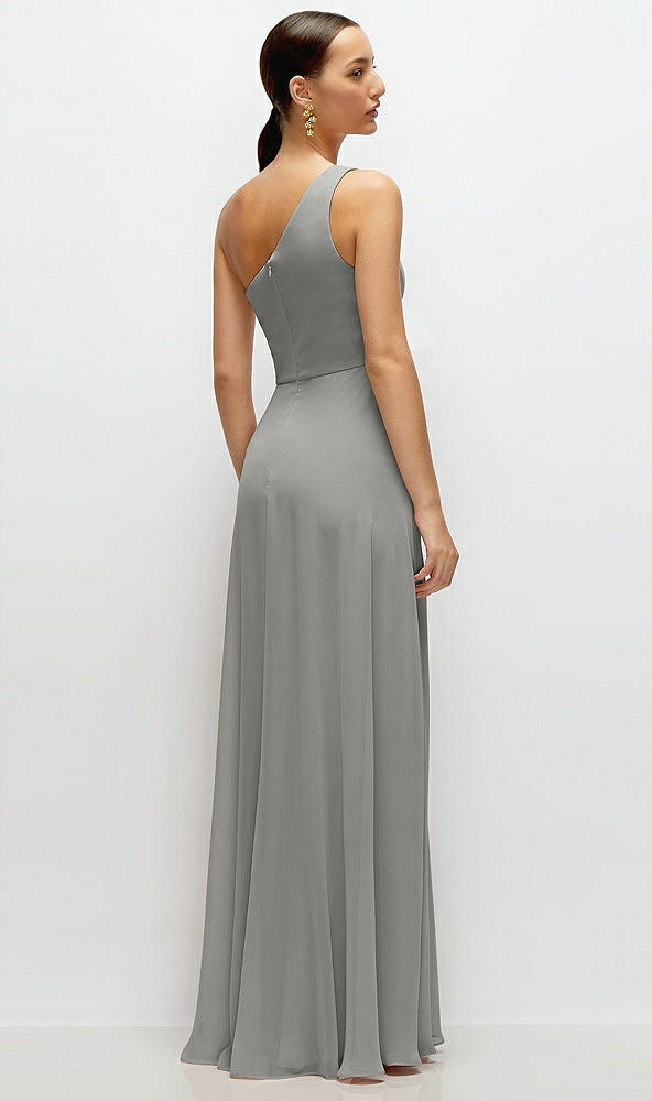 Back View - Chelsea Gray Chiffon One-Shoulder Maxi Dress with Circle Skirt