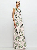 Side View Thumbnail - Palm Beach Print Chiffon One-Shoulder Maxi Dress with Circle Skirt