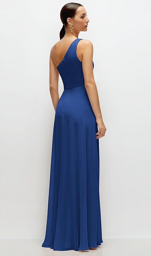 Back View - Classic Blue Chiffon One-Shoulder Maxi Dress with Circle Skirt