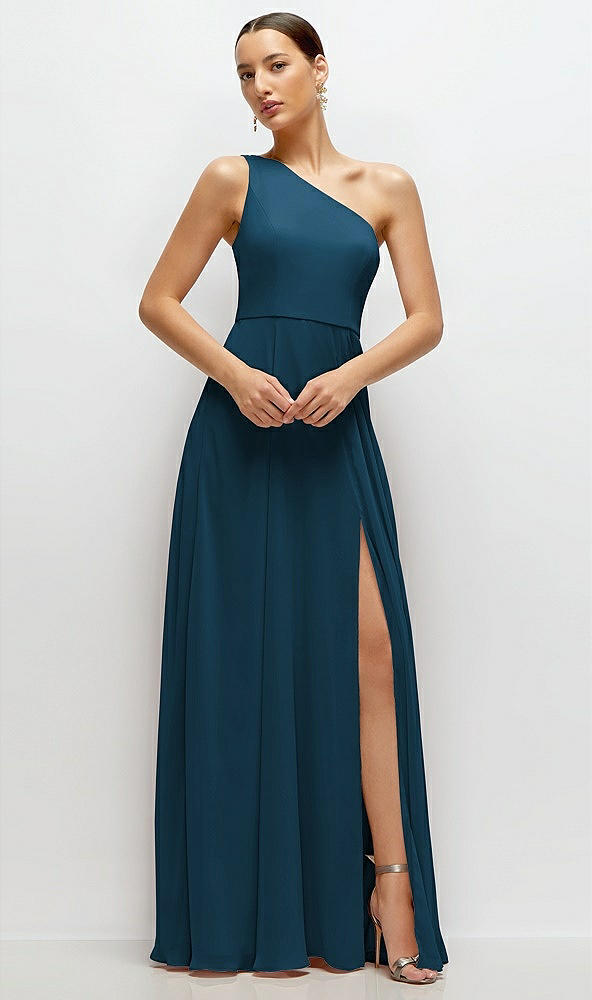 Front View - Atlantic Blue Chiffon One-Shoulder Maxi Dress with Circle Skirt