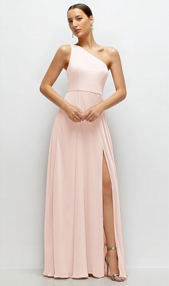 Front View - Blush Chiffon One-Shoulder Maxi Dress with Circle Skirt