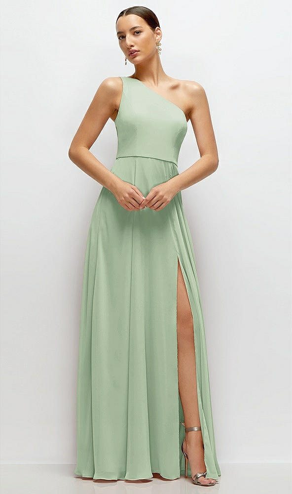 Front View - Celadon Chiffon One-Shoulder Maxi Dress with Circle Skirt