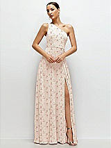 Front View Thumbnail - Coquette Floral Print Chiffon One-Shoulder Maxi Dress with Circle Skirt