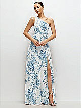 Front View Thumbnail - Cottage Rose Dusk Blue Chiffon One-Shoulder Maxi Dress with Circle Skirt