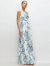 Side View Thumbnail - Cottage Rose Dusk Blue Chiffon One-Shoulder Maxi Dress with Circle Skirt