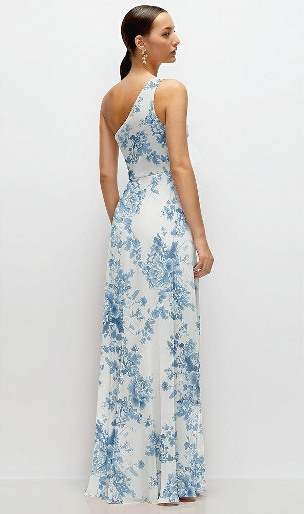 Back View - Cottage Rose Dusk Blue Chiffon One-Shoulder Maxi Dress with Circle Skirt