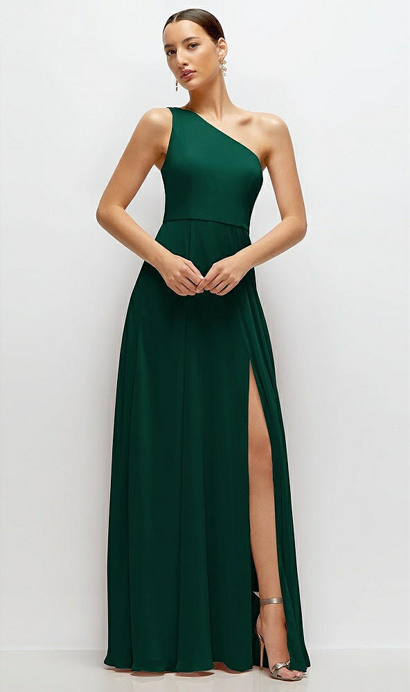 Front View - Hunter Green Chiffon One-Shoulder Maxi Dress with Circle Skirt