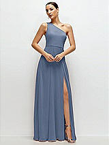 Front View Thumbnail - Larkspur Blue Chiffon One-Shoulder Maxi Dress with Circle Skirt