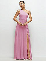 Front View Thumbnail - Powder Pink Chiffon One-Shoulder Maxi Dress with Circle Skirt