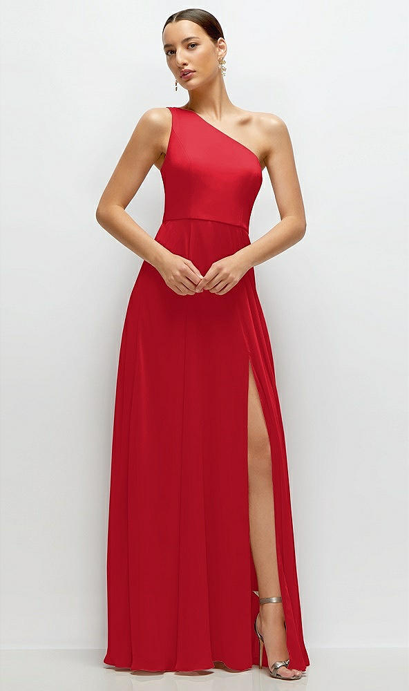 Front View - Parisian Red Chiffon One-Shoulder Maxi Dress with Circle Skirt