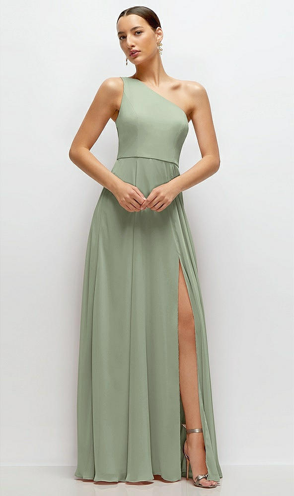 Front View - Sage Chiffon One-Shoulder Maxi Dress with Circle Skirt