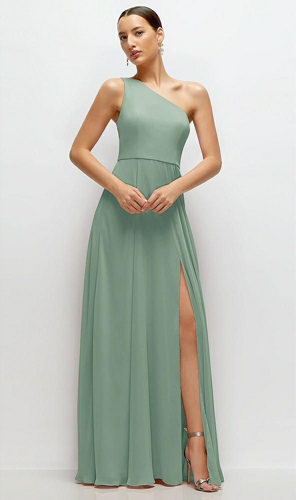 Front View - Seagrass Chiffon One-Shoulder Maxi Dress with Circle Skirt