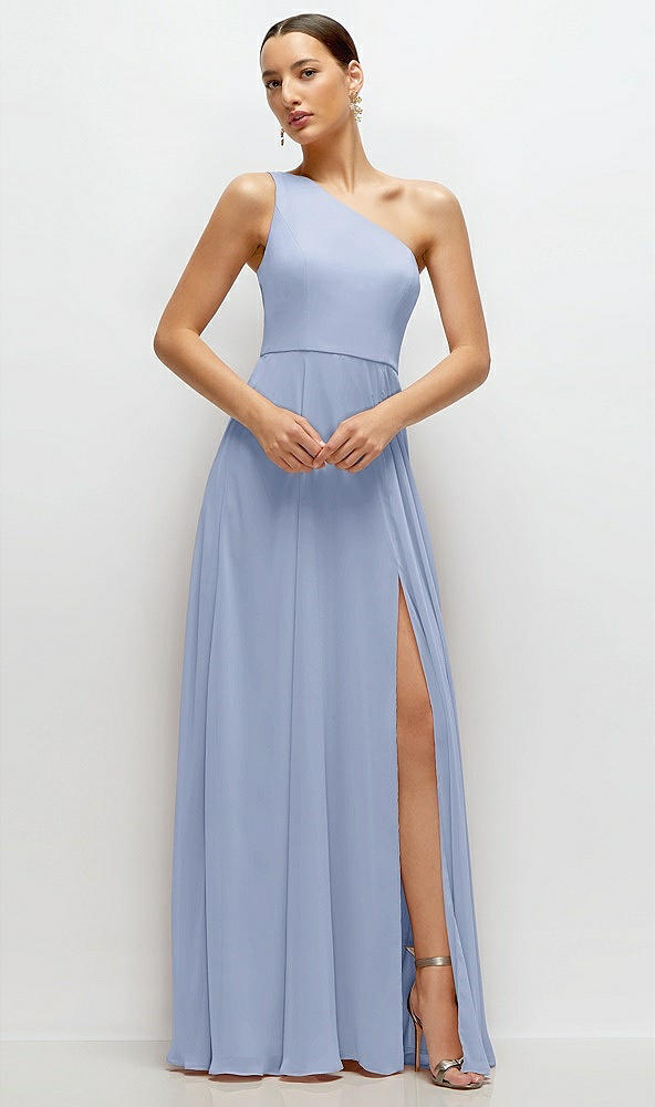 Front View - Sky Blue Chiffon One-Shoulder Maxi Dress with Circle Skirt