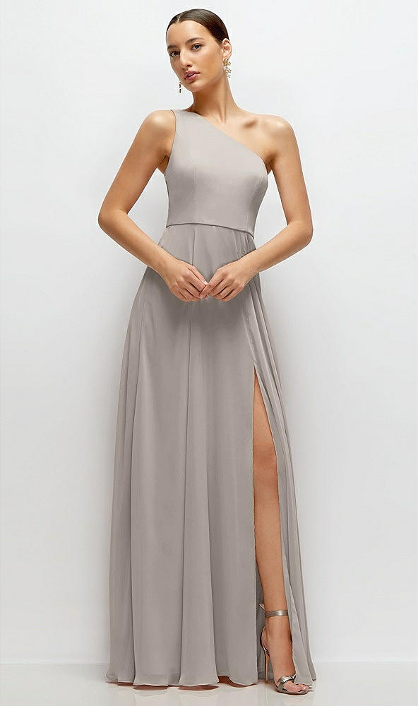 Front View - Taupe Chiffon One-Shoulder Maxi Dress with Circle Skirt