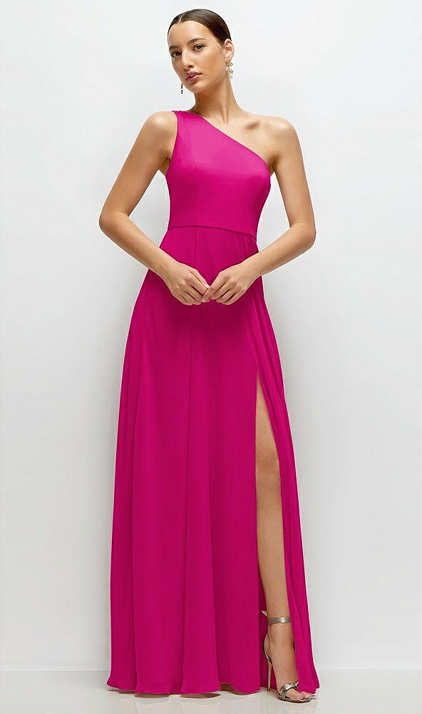 Front View - Think Pink Chiffon One-Shoulder Maxi Dress with Circle Skirt