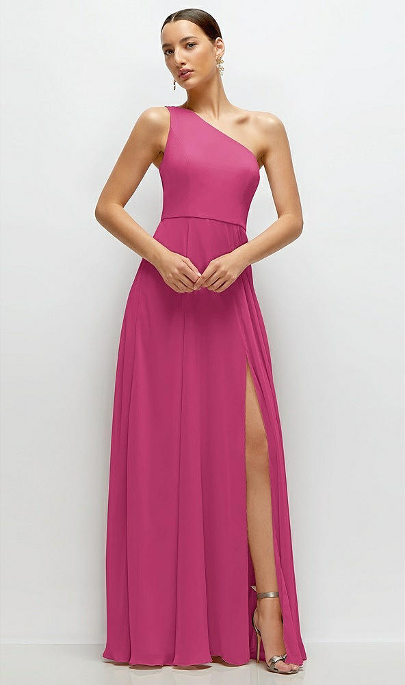 Front View - Tea Rose Chiffon One-Shoulder Maxi Dress with Circle Skirt