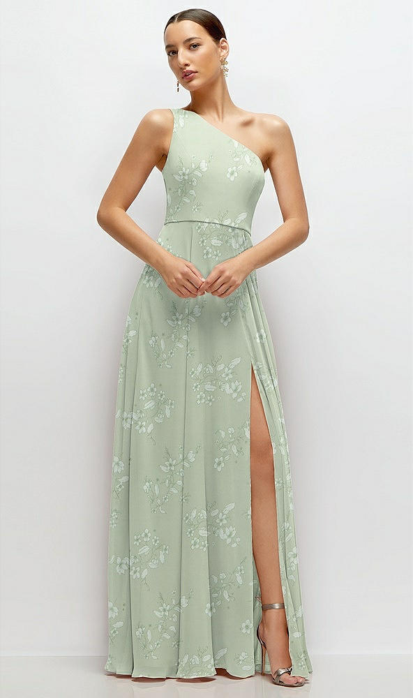 Front View - Vintage Primrose Sage Chiffon One-Shoulder Maxi Dress with Circle Skirt