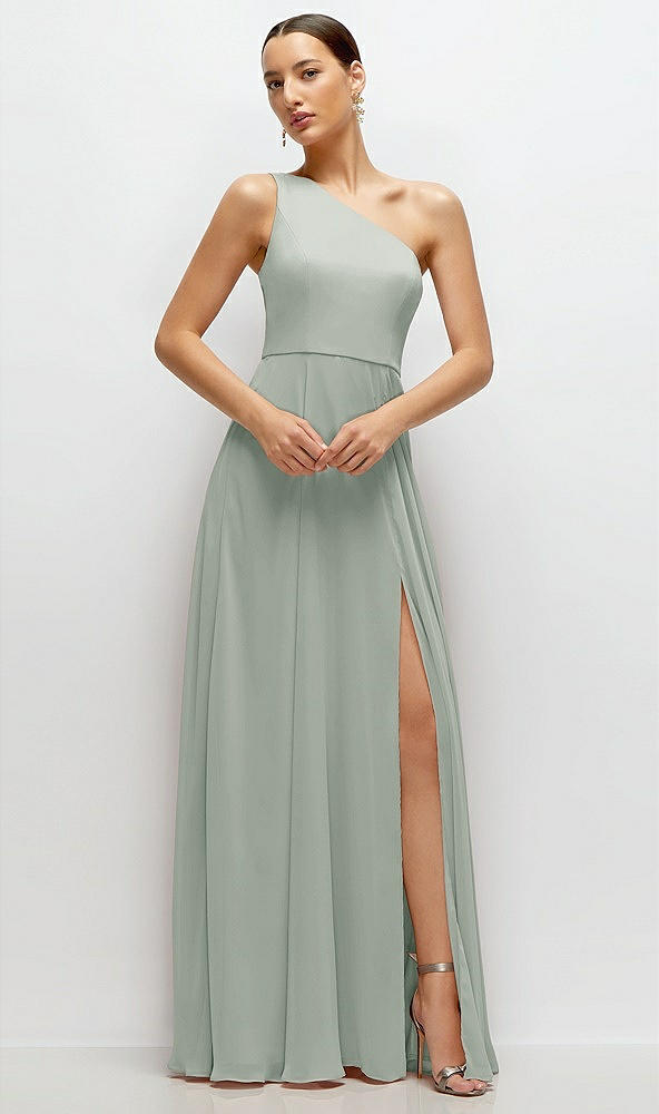 Front View - Willow Green Chiffon One-Shoulder Maxi Dress with Circle Skirt