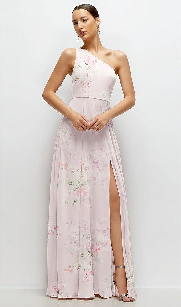 Front View - Watercolor Print Chiffon One-Shoulder Maxi Dress with Circle Skirt