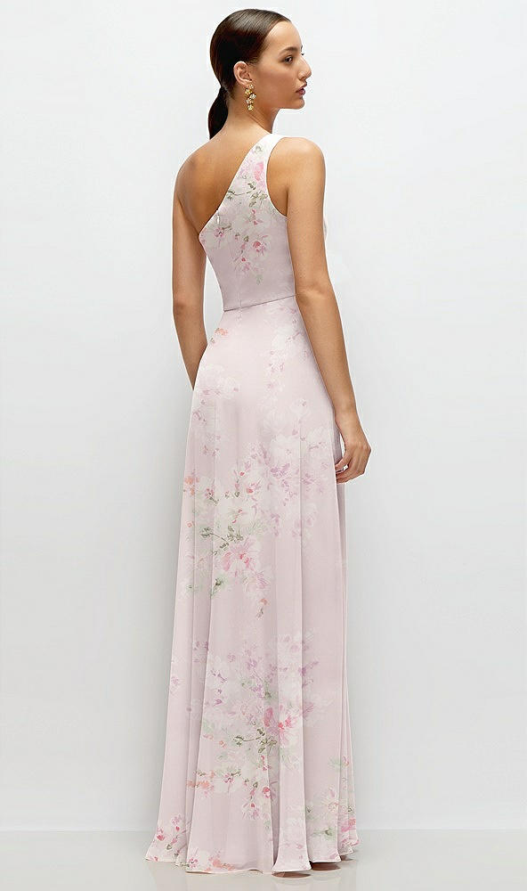 Back View - Watercolor Print Chiffon One-Shoulder Maxi Dress with Circle Skirt