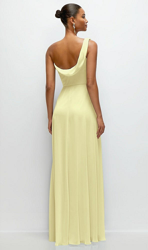 Back View - Butter Yellow Chiffon One-Shoulder Maxi Dress with Draped Cowl Neckline