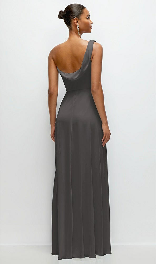 Back View - Caviar Gray Chiffon One-Shoulder Maxi Dress with Draped Cowl Neckline